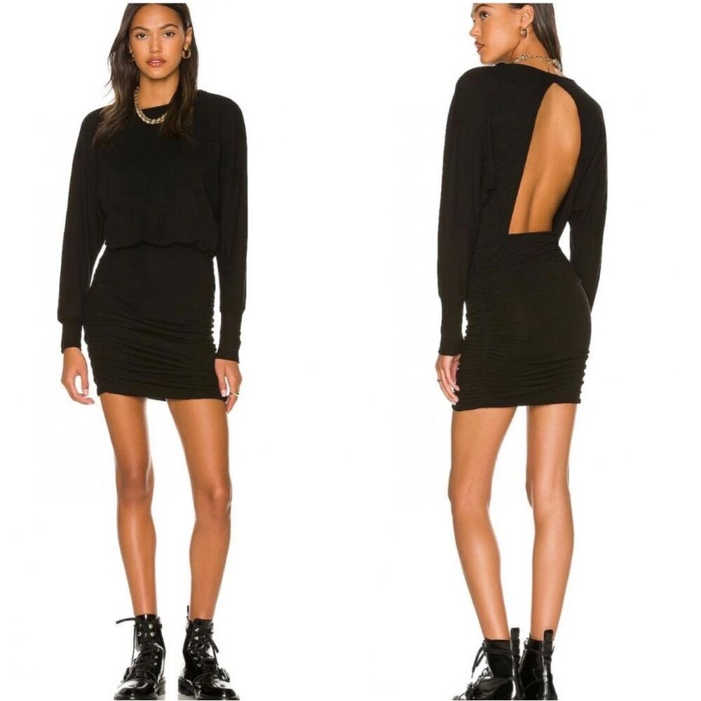 NWT Monrow Supersoft Open Back Shirred Long Sleeve Mini Dress “Stone  Gray”. Siz